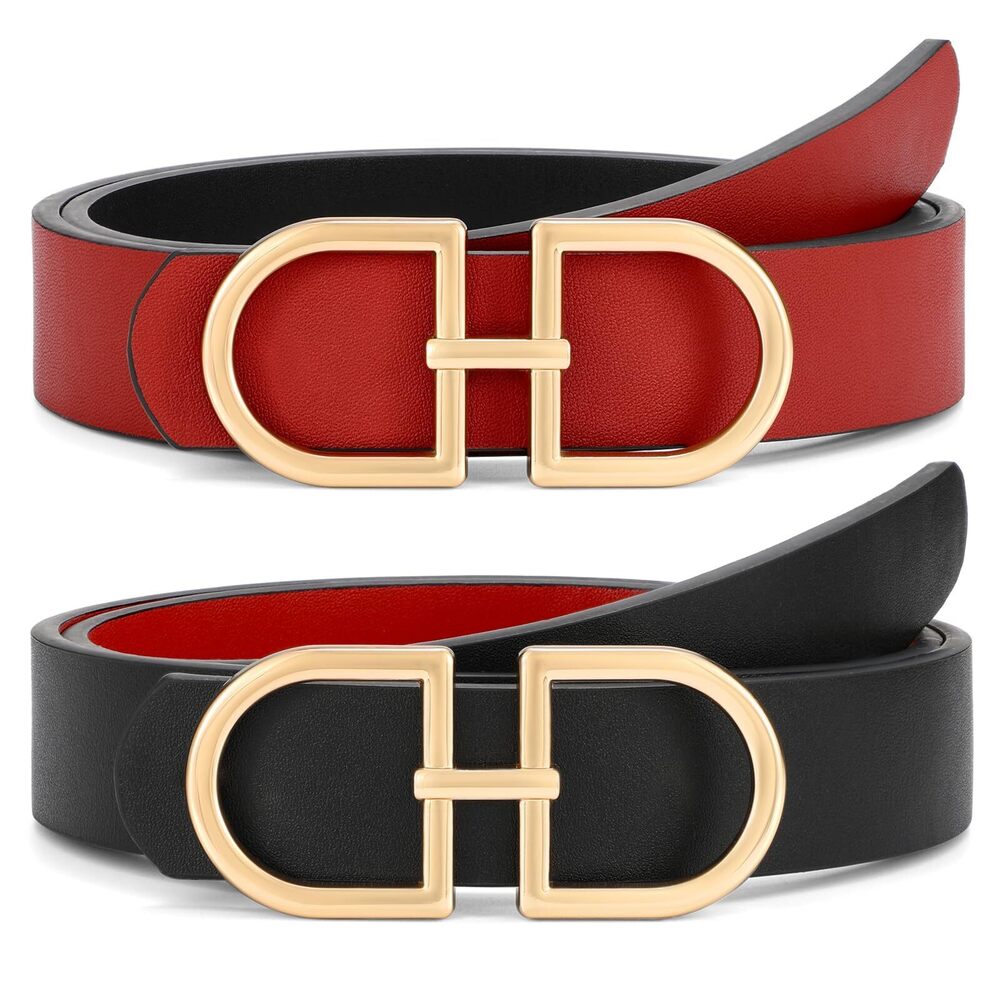4757 Reversible Leather Belt For Women With Gold Buckle Ladies Two-in-one